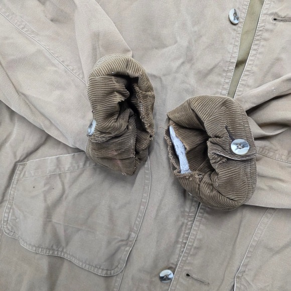 Vintage Mens Tan Workwear Chore Jacket Corduroy Collar Quilted Lined Distressed - Picture 4 of 7